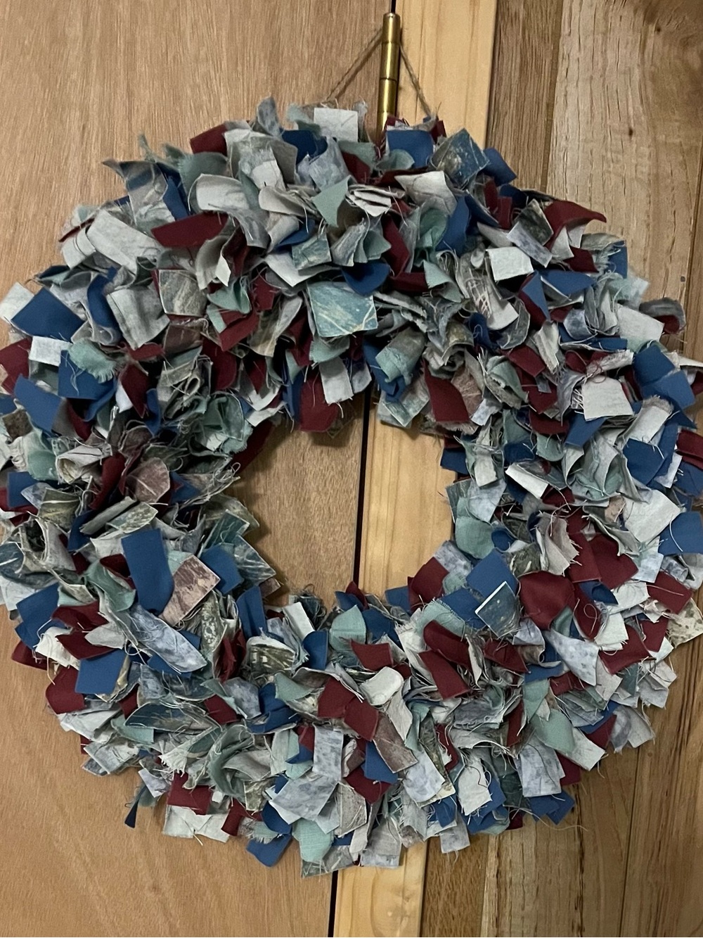 Hand Crafted Blue, Burgundy & Light Blue Fabric Rag Wreath